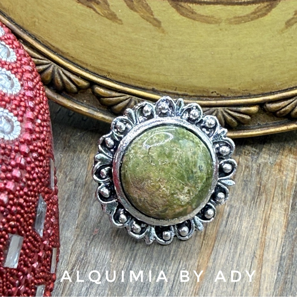 Sun +Intricate Silver Ring With Earthy Green Stone + Unakite